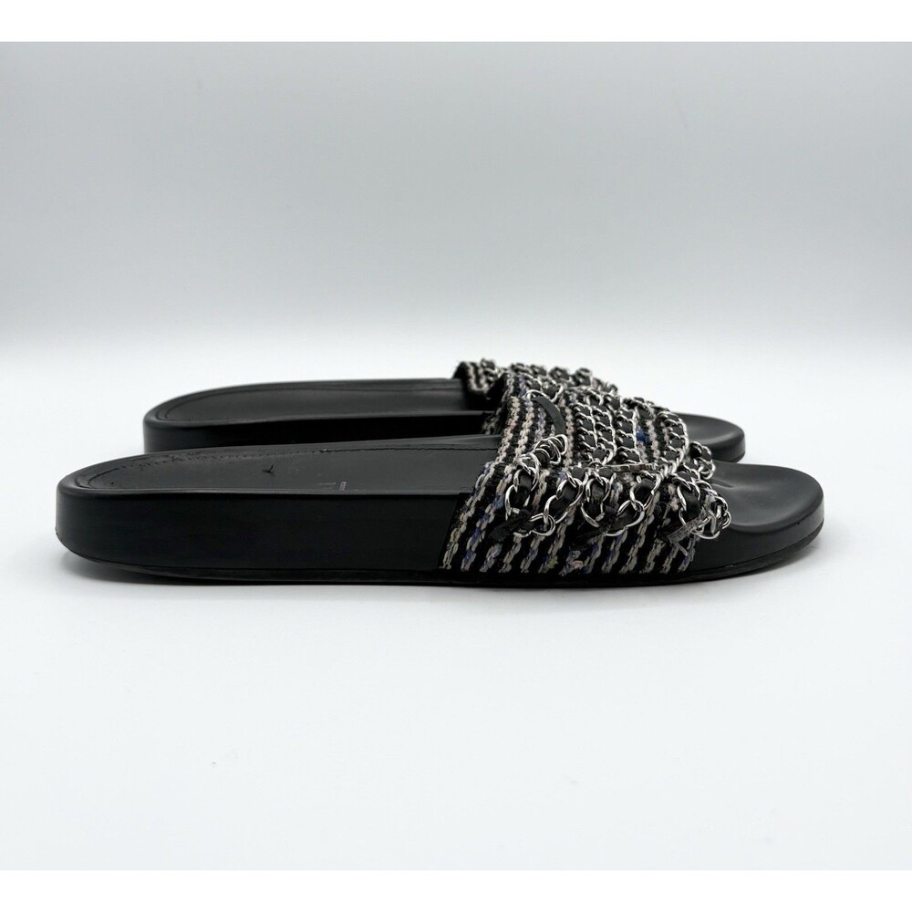 Chanel Black Tweed Tropiconic Chain Flat Slides Sandals Pink & Blue Accent EU 38 - Picture 3 of 11